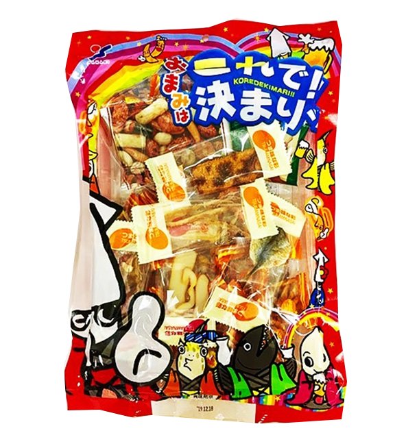 Koredekimari Dried Seafood & Snack Assortment with colorful packaging and cartoon illustrations