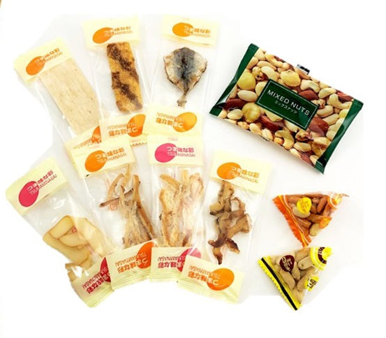 Otsumami Morimori Dried Seafood & Snack Assortment with 9 varieties including peanuts, rice crackers, squid, and grilled fish.