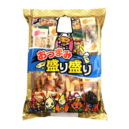 Otsumami Morimori Dried Seafood & Snack Assortment with 9 varieties, including peanuts, squid, and fish, packaged in vibrant bag.
