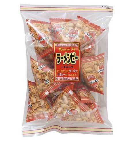 Ramen & Peanuts Snack 250g with crispy ramen noodles and buttery peanuts, allergen info: peanut, wheat, soybean, chicken, pork.