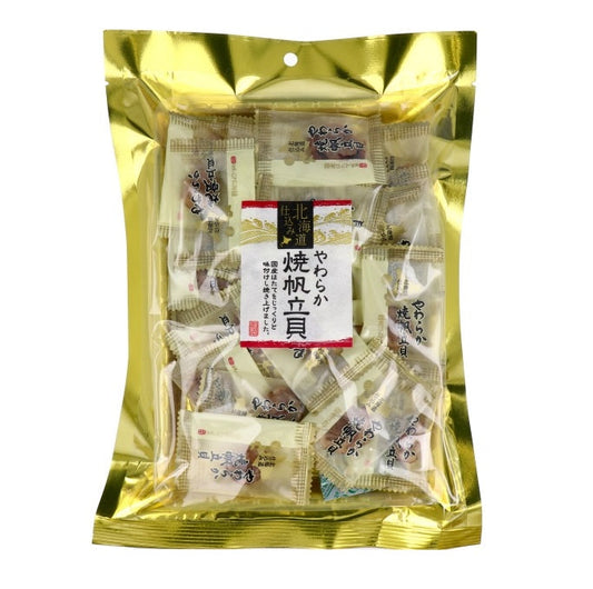 Packaged Japanese soft grilled scallops in a golden bag, seasoned and grilled, contains wheat and soybean allergens.