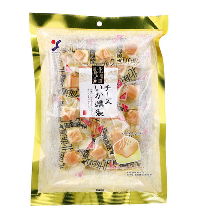 Smoked squid with cheese packaging, featuring individually wrapped pieces, labeled with product details in Japanese on a golden background.