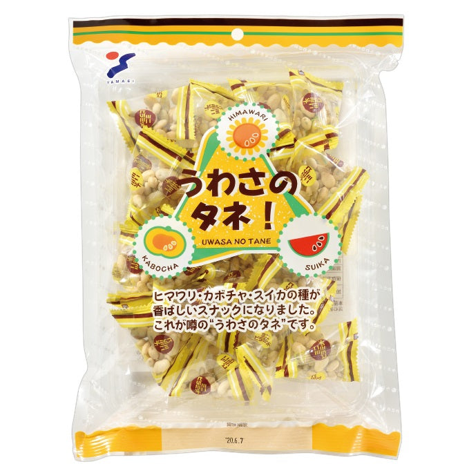 Uwasa no Tane Seeds Snack package containing sunflower, pumpkin, and watermelon seeds wrapped in a savory batter.