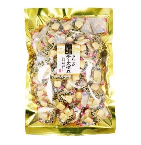 Soft Cheese Scallop snacks with Hokkaido scallops, individually packaged. Contains dairy and gelatin allergens.