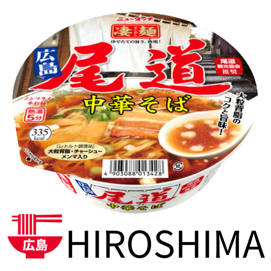 YAMADAI Sugomen Hiroshima Onomichi Chinese Soba instant ramen with soy sauce flavor and pork back fat pieces, ready in 5 minutes.