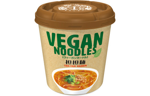 Cup of Vegan Noodles with flavorful broth, free from animal products and chemical seasonings, suitable for vegans. Contains wheat, soy, sesame.