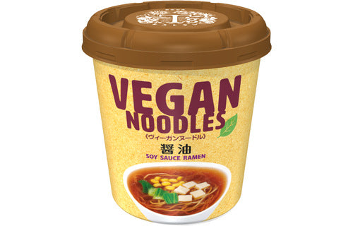 Vegan cup noodles with soy sauce flavor, free from animal ingredients, ideal for vegans, contains wheat, soybean, sesame.