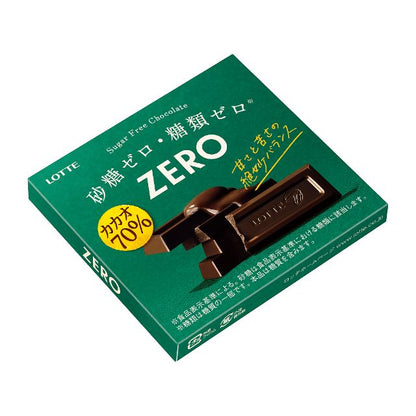 LOTTE Japanese ZERO Sugar Free Chocolate with 70% cacao, dairy and soybean allergens; mild sweetness and bitterness balance.