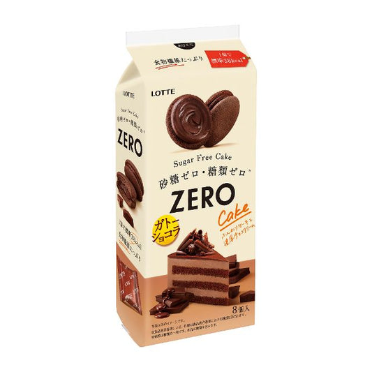 LOTTE ZERO Sugar Free Cake 8P with rich chocolate cream filling, 8 pieces, allergen info: wheat, egg, dairy, soybean.