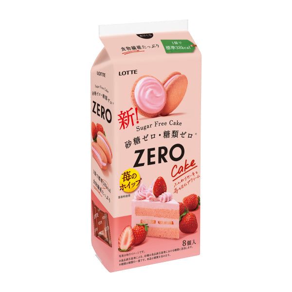 LOTTE ZERO Sugar Free Cake 8P with strawberry and chocolate flavors, packaged in pink box, rich in chocolate cream, soft texture