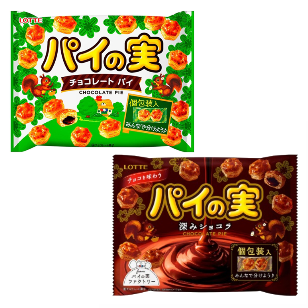 LOTTE Pie no Mi chocolate biscuit packs featuring crispy pie crust with deep chocolate flavor; potential allergens: dairy, wheat, soybean.