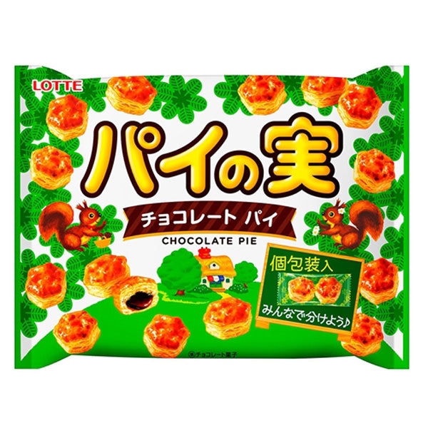 LOTTE Pie no Mi Chocolate Biscuit Share Pack featuring crispy chocolate pies and a squirrel mascot on colorful packaging.
