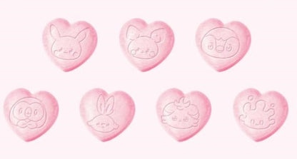 Heart-shaped Pokémon ramune candies with seven different Pokémon designs on each piece.