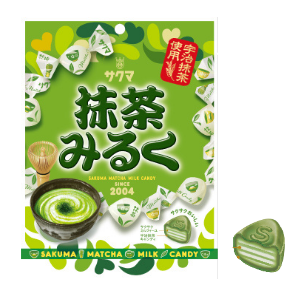 SAKUMA Matcha Milk Candy packaging featuring Uji matcha flavors, with green candy pieces around a creamy center, highlighting Japanese design.