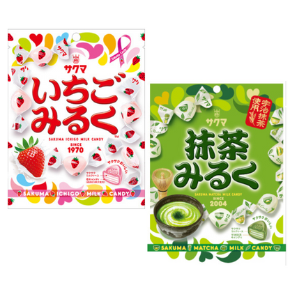 SAKUMA Milk Candy packaging featuring strawberry and matcha flavors, showcasing vibrant design and premium ingredients.