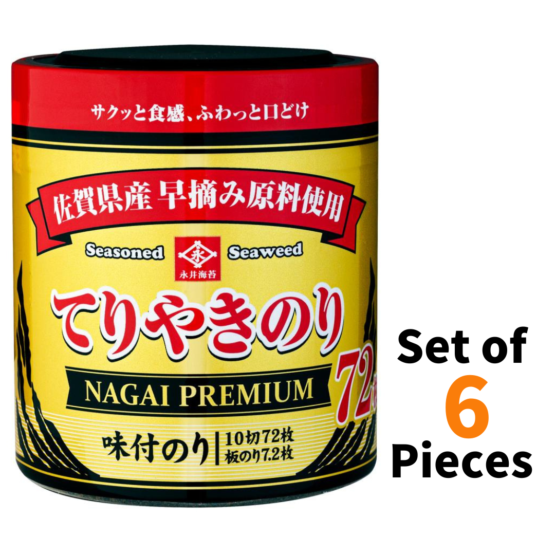 Nagai Premium Teriyaki Seaweed Nori, 72 sheets, 6-pack. Made from early harvested seaweed from Saga Prefecture. Contains allergens.