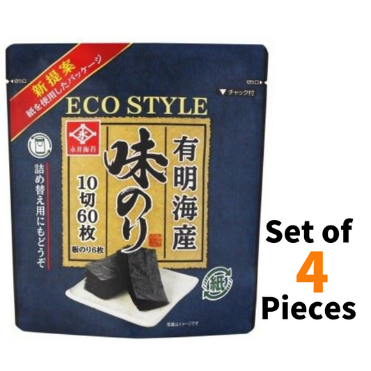 ECO STYLE seasoned seaweed nori, 60 sheets x 4 pack, packaged in a paper-based stand-up bag. Contains wheat, soybean, shrimp, fish.