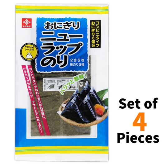 Roasted seaweed nori pack for onigiri, set of 4, suitable for rice balls. Includes seal, ideal for picnics or lunchboxes.