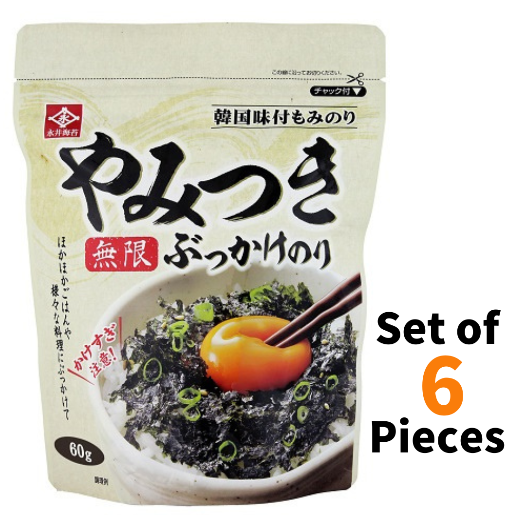 Seasoned Seaweed Nori Flakes, Korean flavor, 6-pack set, ideal for topping rice, noodles, and tofu. Contains sesame oil.