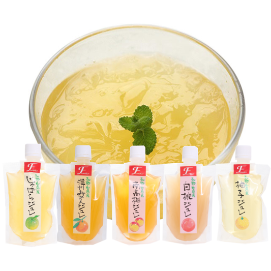 Fumiko Nouen Fruit Jelly Gel assortment with flavors of jabara, onshu orange, and ume, perfect chilled for a refreshing fruity taste.