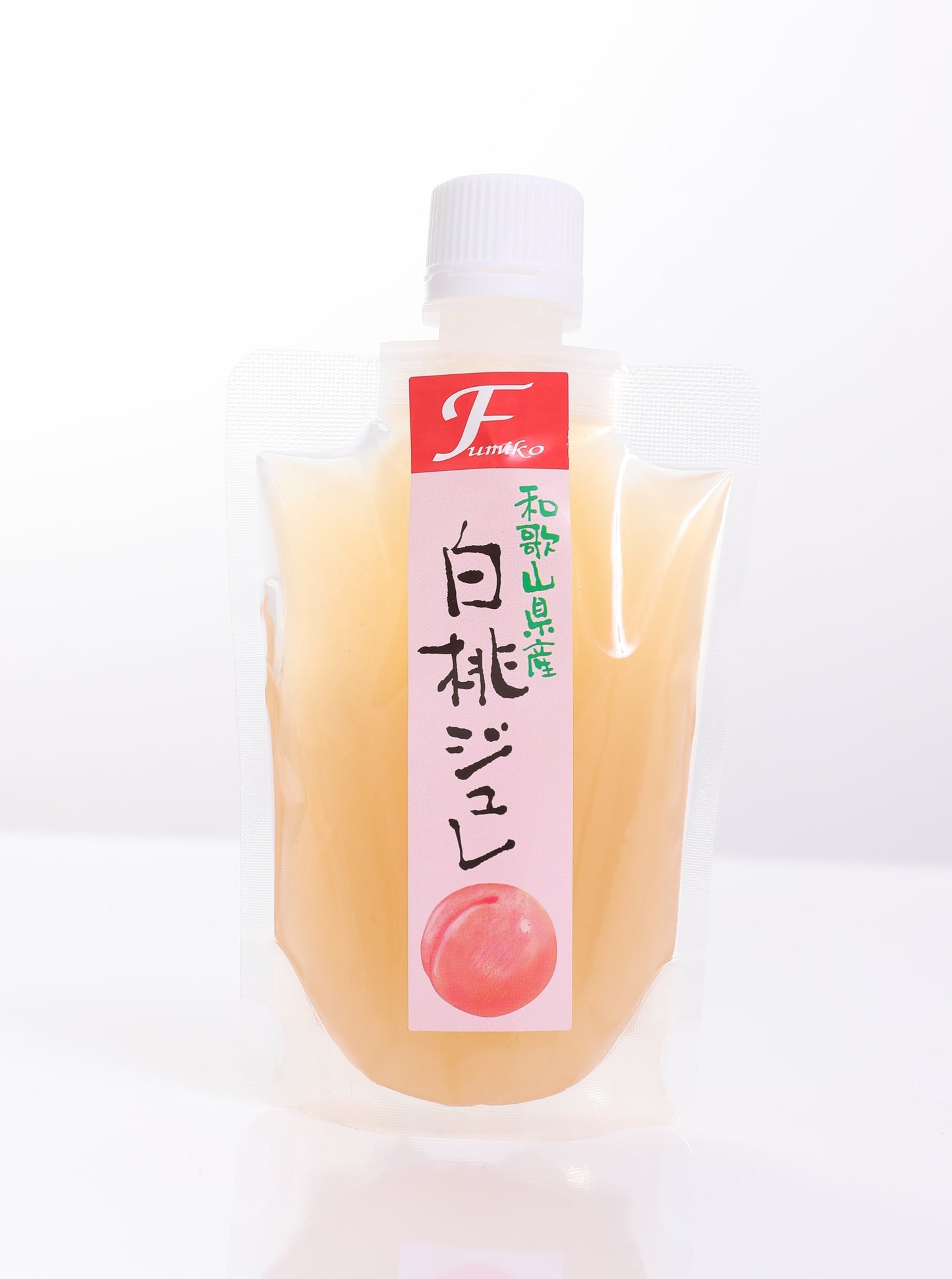 Fumiko Nouen Fruit Jelly Gel in clear pouch packaging, featuring peach flavor with refreshing sourness, perfect chilled. Ideal for summer days.