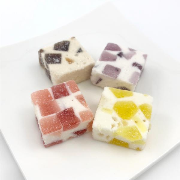 TSUYAMAYA SEIKA Hana Awayuki fluffy kanten jelly with colorful agar squares on a white plate, contains wheat, egg, soybean.