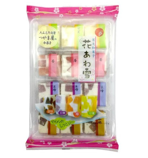 TSUYAMAYA SEIKA Hana Awayuki Fluffy Kanten Jelly with colorful agar pieces in packaging. Contains wheat, egg, and soybean allergens.