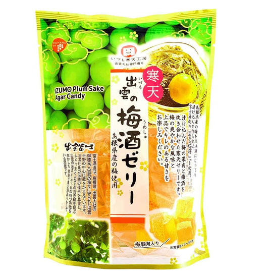 TSUYAMAYA SEIKA Izumo Plum Sake Kanten Jelly package with vibrant green plum design and Japanese text, featuring agar candy.