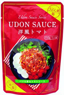 Package of UDON SAUCE featuring a tomato-based udon dish with herbs and sliced vegetables. Ideal for hot or cold serving. Contains soy protein.