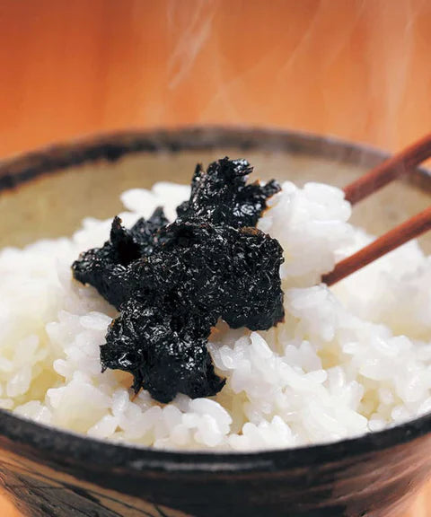 TAKARA FOODS Nori Tsukudani on steamed rice, made with Shodoshima soy sauce and laver, featuring a smooth seaweed texture.