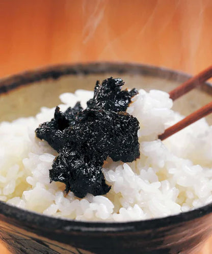 TAKARA FOODS Nori Tsukudani on steamed rice, made with Shodoshima soy sauce and laver, featuring a smooth seaweed texture.