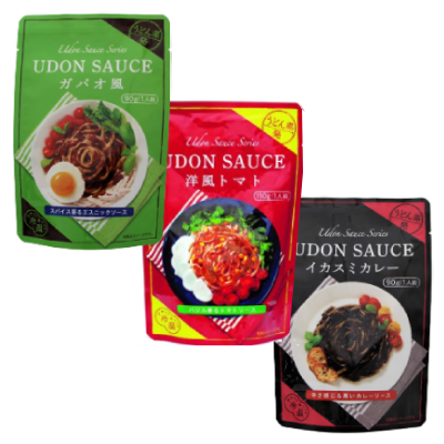 Assorted UDON SAUCE packs including Gapao Style, Tomato, and Squid Ink Curry flavors, featuring soy protein, allergen info displayed.