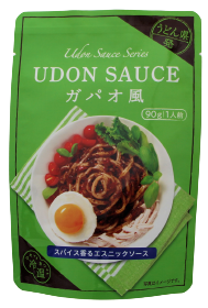 UDON SAUCE Gapao-style packaging shown with noodle dish, spiced sauce with soy protein, onion, red bell pepper, and poached egg.