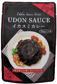 UDON SAUCE package featuring squid ink curry with soy protein, suitable for one serving, displayed with colorful garnish on a white plate.