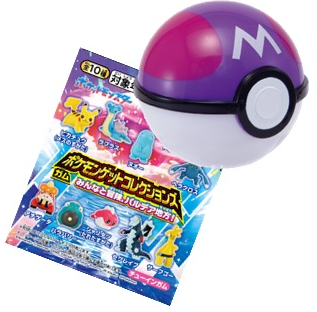 Pokemon Get Collections Adventure figure toy with Poké Ball-shaped container and gum, featuring surprise collectable figures.