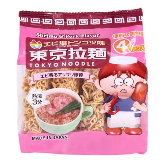 Tokyo Noodle Shrimp Salt Tonkotsu instant noodles, featuring Kyushu tonkotsu and shrimp flavor, ready in 3 minutes. Made in Japan.