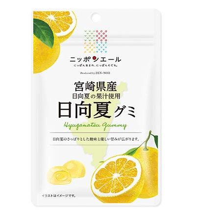 Nippon-yell Miyazaki Hyuganatsu Gummy package with citrus fruit illustration, showcasing sweet and sour Hyuganatsu flavor.