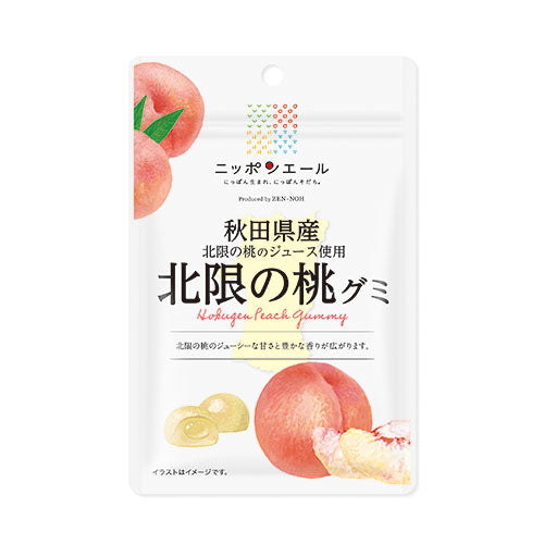 Nippon-yell Akita Hokugen Peach Gummy made with northern Akita peach juice, packaging front view.