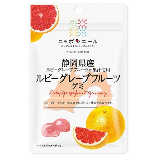 Pack of Nippon-yell Shizuoka Ruby Grapefruit Gummy with product text and images of grapefruits. Ideal for tart and sweet flavors.