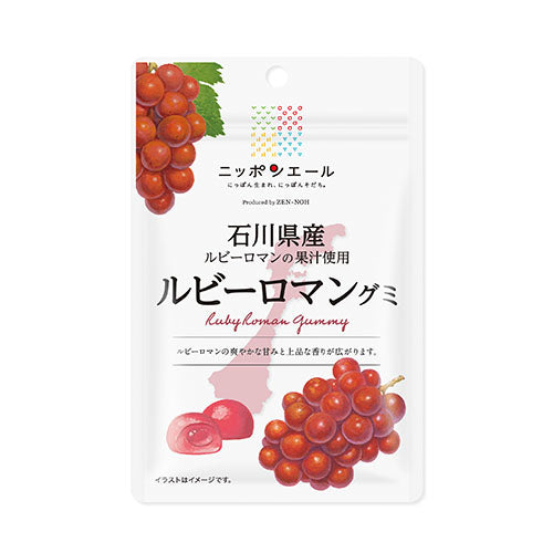 Nippon-yell Ishikawa Ruby Roman Gummy packaging featuring grape imagery, highlighting grape juice content and gelatin allergen information.