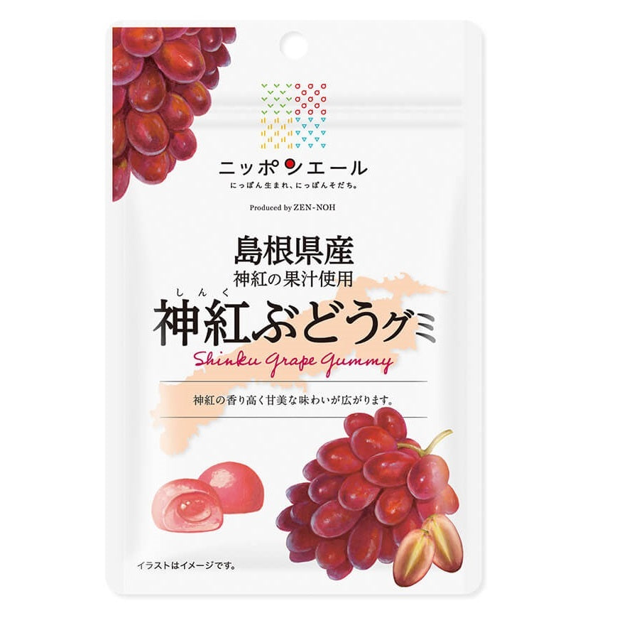 Nippon-yell Shimane Shinku Grape Gummy, made from aromatic Shimane kamibeni grape juice, featuring a luscious flavor and gelatin ingredient.