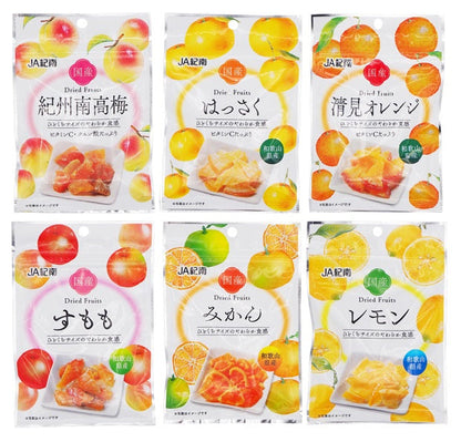 Assorted Japanese dried fruit packages featuring Kishu Nanko ume, Hassaku, Kiyomi orange, and lemon flavors.