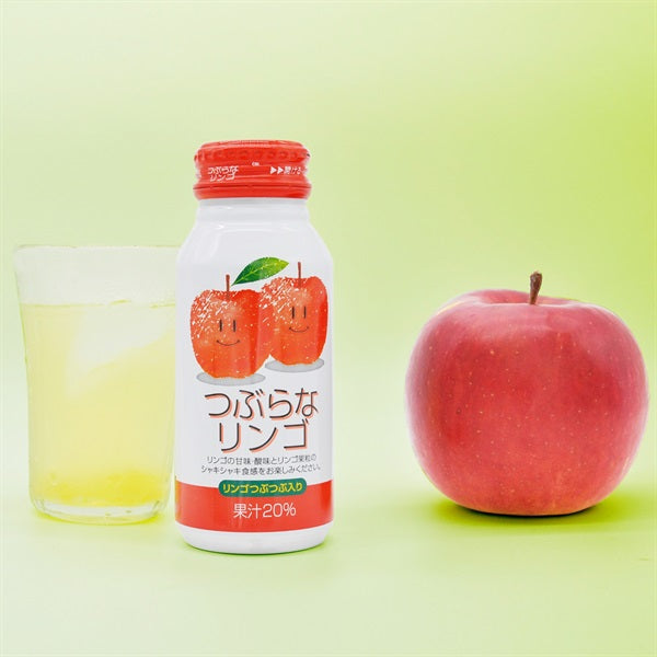 Tsuburana apple drink 190g bottle can with a glass of juice and an apple, highlighting sweet and sour apple flavor and texture.