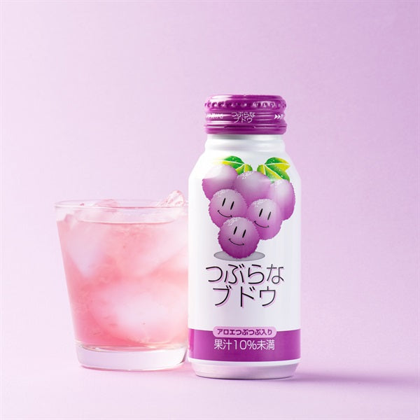 Tsuburana Grape Drink 190g Bottle with Glass, featuring grape juice and aloe cubes for a tasty and textured refreshment.
