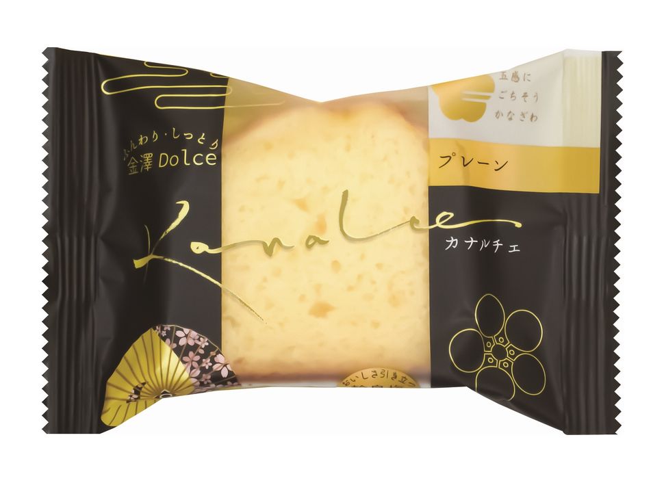 KANAZAWA KENROKU SEIKA Kanalce Plain Pound Cake in black packaging, highlighting its soft and moist texture with Wajima salt.