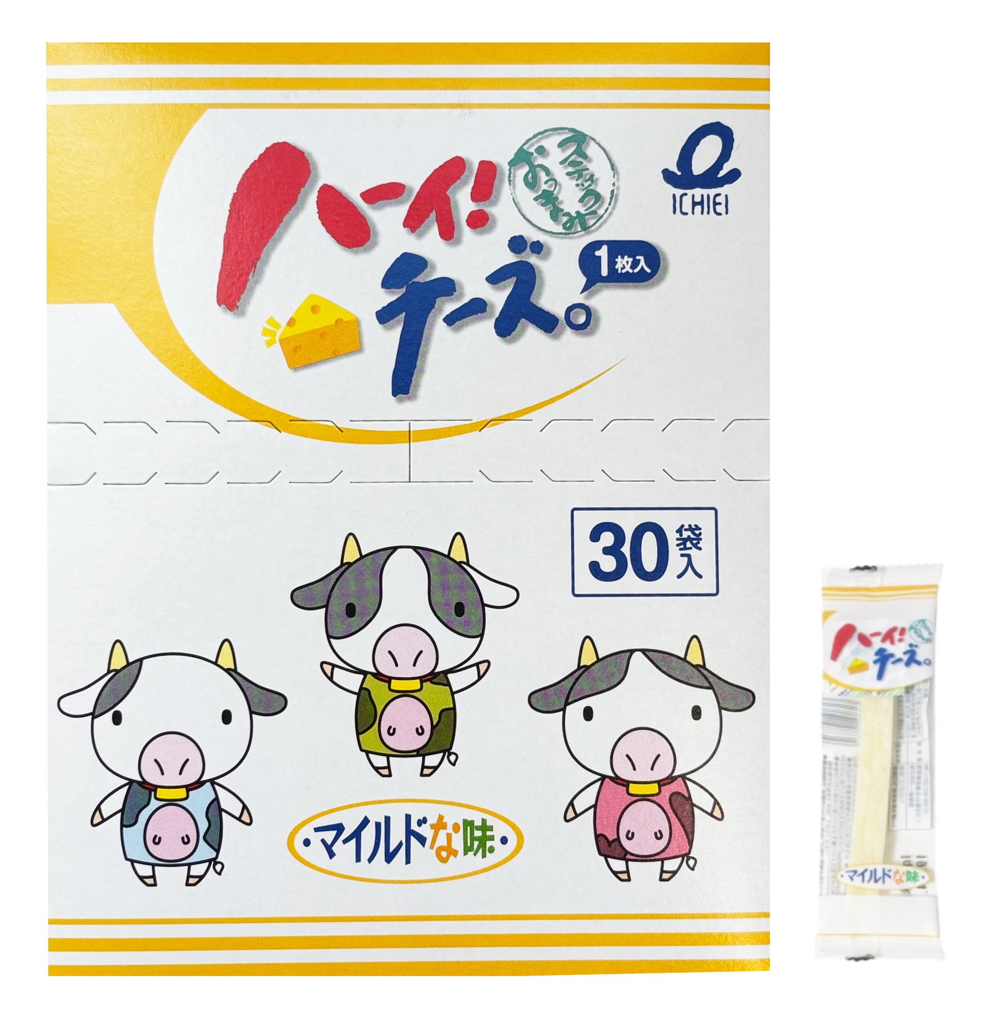 ICHIEI FOODS Cheese Stick Snack box, featuring cute cow characters, contains individual processed cheese sticks with fish meat sheets.