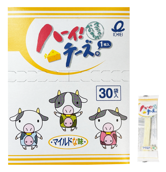 ICHIEI FOODS Cheese Stick Snack box, featuring cute cow characters, contains individual processed cheese sticks with fish meat sheets.