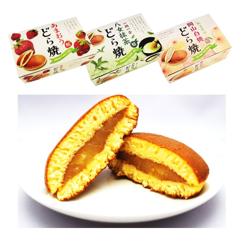 ICHIEI FOODS Dorayaki with Amaou strawberry, matcha, and white peach bean paste on display, boxed packaging included.