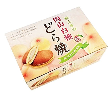 ICHIEI FOODS Bean Paste Dorayaki Box featuring Okayama White Peach filling, showcasing strawberries and matcha flavors, 8 pieces.