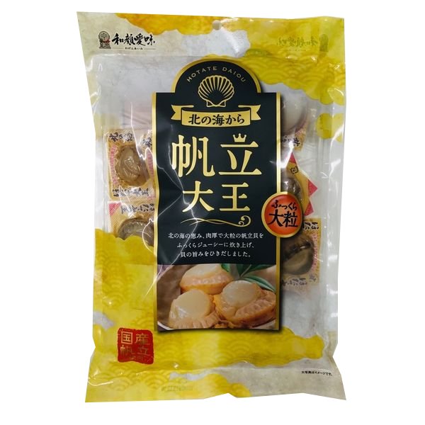 Pack of individually packaged large Japanese scallops, seasoned and dried, 180g, with seafood allergen warning.